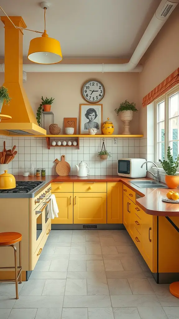 A vintage yellow kitchen featuring bright yellow cabinets, a retro stove, and cozy decor.