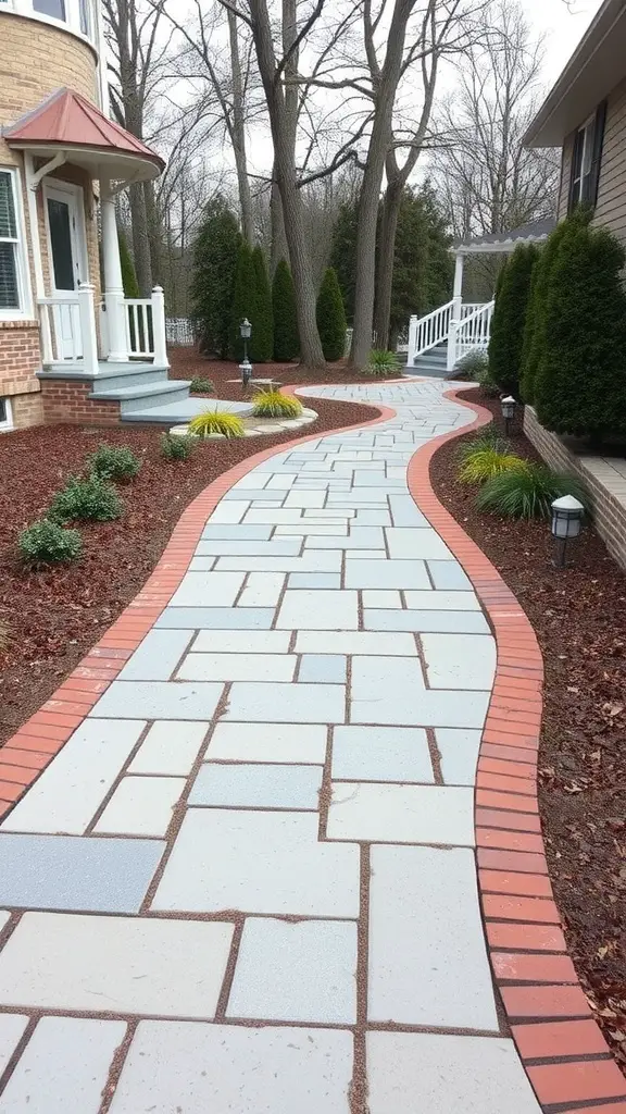 A winding flagstone walkway bordered by bricks and surrounded by plants.