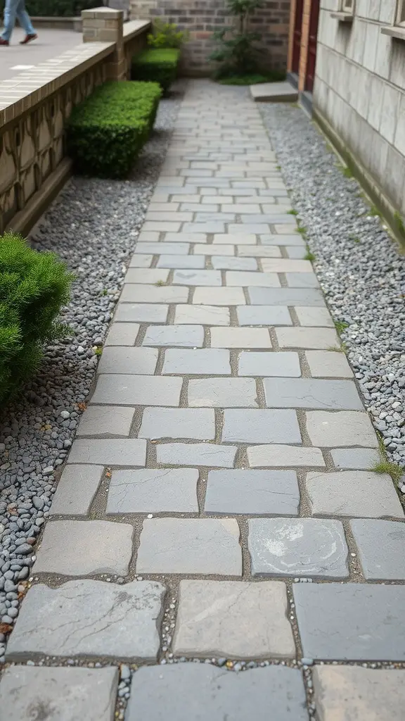 A walkway made of flagstones surrounded by gravel, lined with small green bushes.