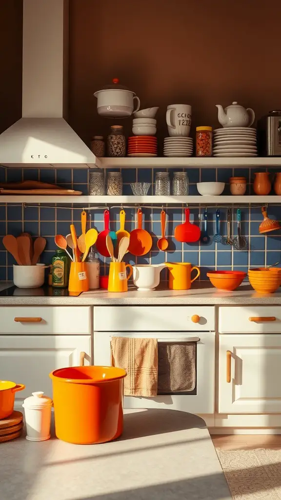 27 Cozy Kitchen Ideas to Warm Up Your Space 29 A cozy kitchen with colorful orange utensils and containers on display, surrounded by white cabinets and a blue tiled backsplash.