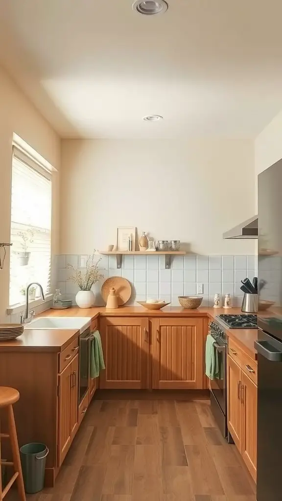 A cozy kitchen featuring warm creamy beige walls and wooden cabinets.