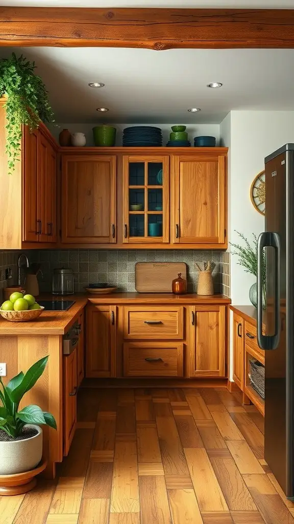 A cozy kitchen featuring warm oak cabinets, deep green accents, and a natural wood floor.