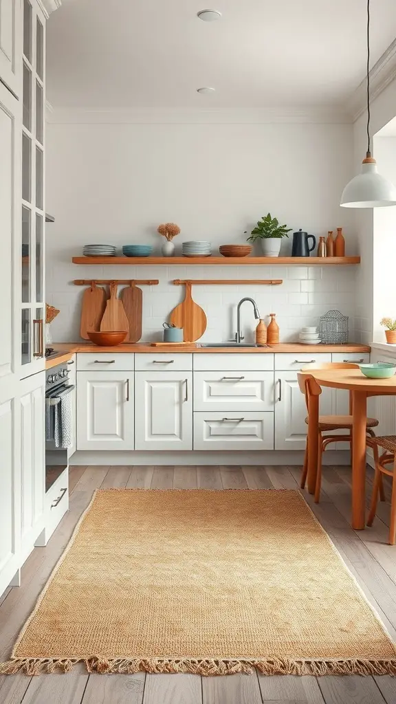 A Scandinavian kitchen featuring warm textiles and a woven rug, highlighting a cozy atmosphere.