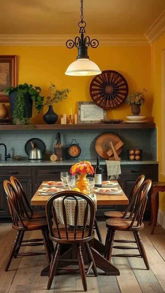 A cozy kitchen with warm yellow walls, wooden furniture, and plants.