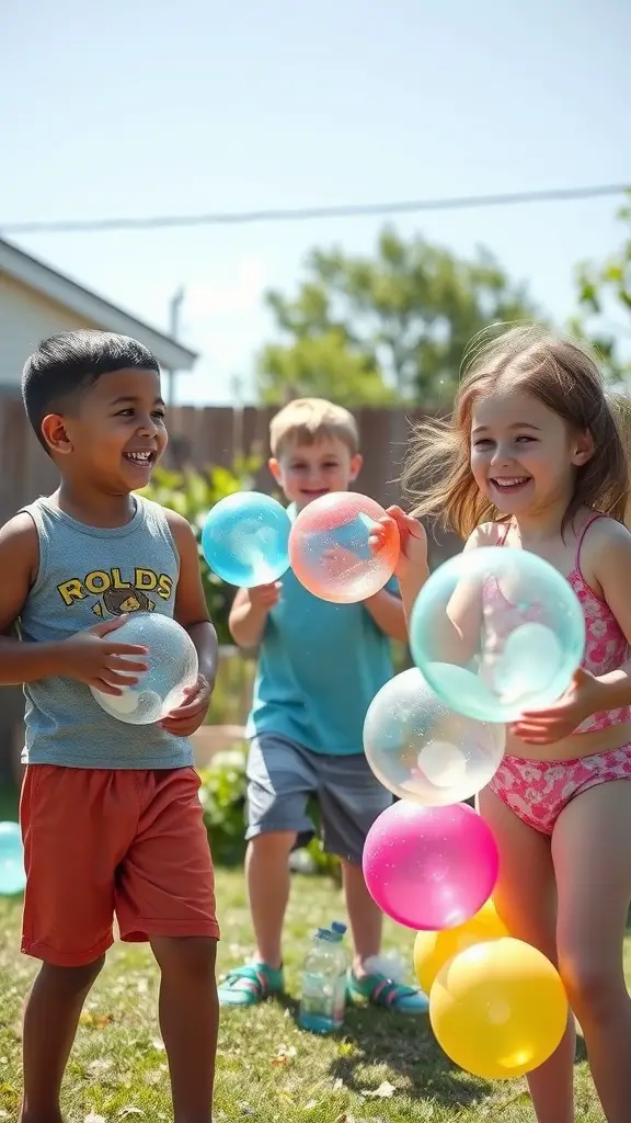 Children playing with colorful water balloons in a backyard