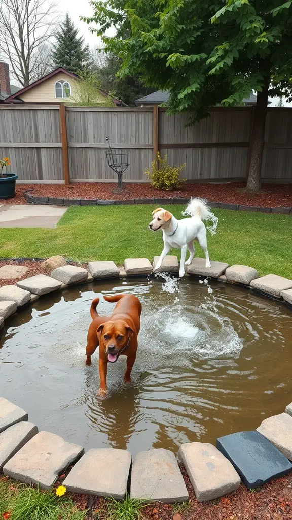 19 Creative Grassless Backyard Ideas for Dogs 9 Two dogs playing in a circular water feature in a backyard.