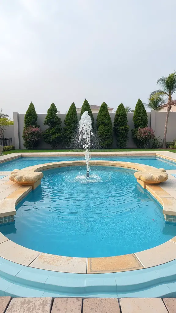 A circular pool with a central fountain, surrounded by greenery.