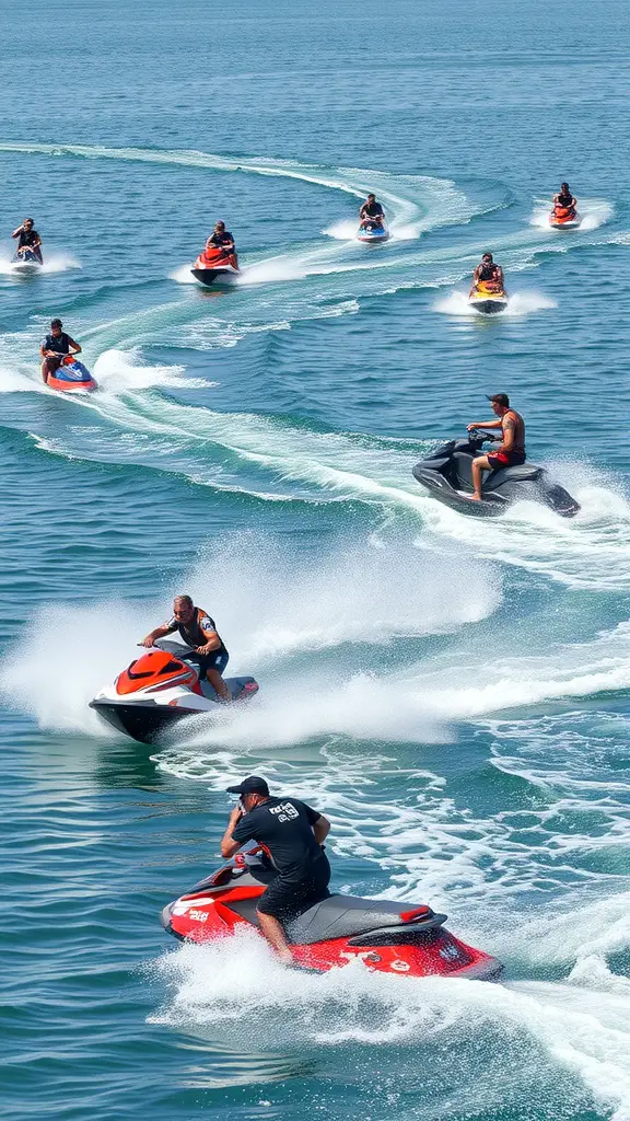 21 Must-Do Summer Bucket List Ideas for Your Best Season Yet 5 People riding jet skis on a sunny day, creating waves in the water.