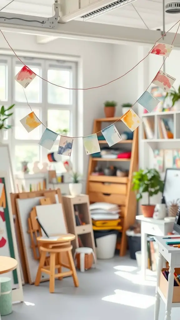 A watercolor paper garland displayed in an art studio, featuring colorful painted squares hanging on a string.