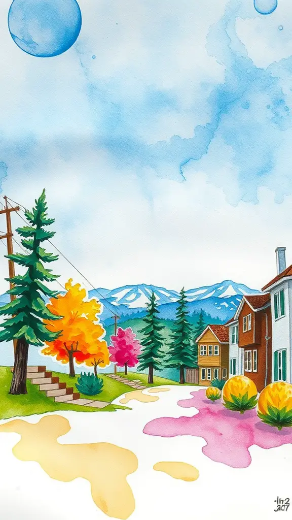 17 Fun Summer Craft Ideas for Endless Creativity 9 A colorful watercolor painting depicting trees, mountains, and a whimsical sky.
