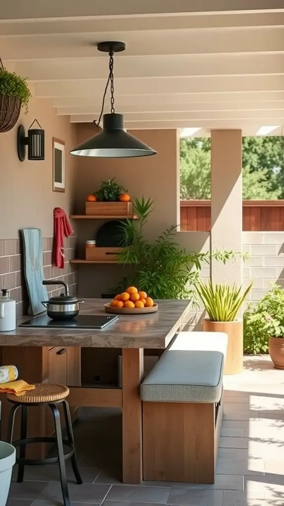 A cozy outdoor kitchen featuring a weather-resistant banquette, surrounded by plants and natural light.