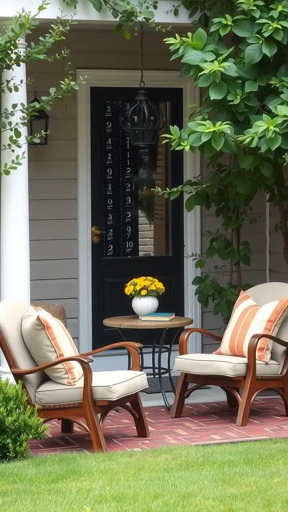 Cozy outdoor seating area with two chairs and a small table, surrounded by greenery.