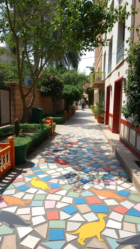 A colorful mosaic walkway featuring whimsical animal figures and geometric shapes.