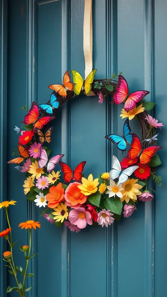 35 Stunning Summer Wreath Ideas for Your Front Door 5 A colorful summer wreath adorned with butterflies and flowers, hanging on a blue door.