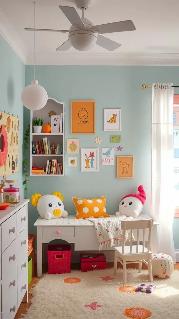 A whimsical mother's room with playful decor, soft colors, and cozy furniture.