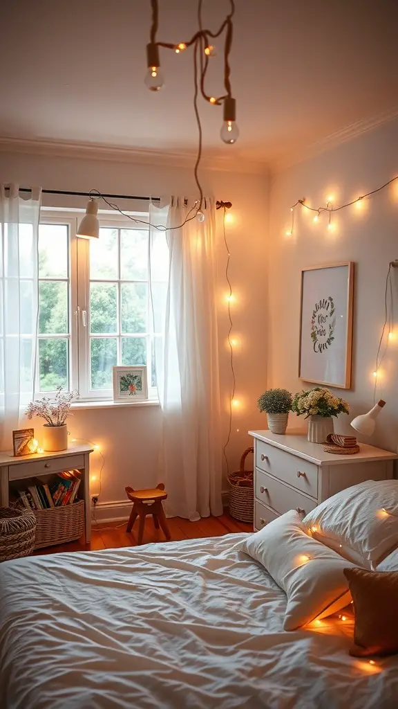 27 Stylish Summer Bedroom Ideas to Refresh Your Space 5 A cozy bedroom with fairy lights draped around the window and walls, creating a warm ambiance.