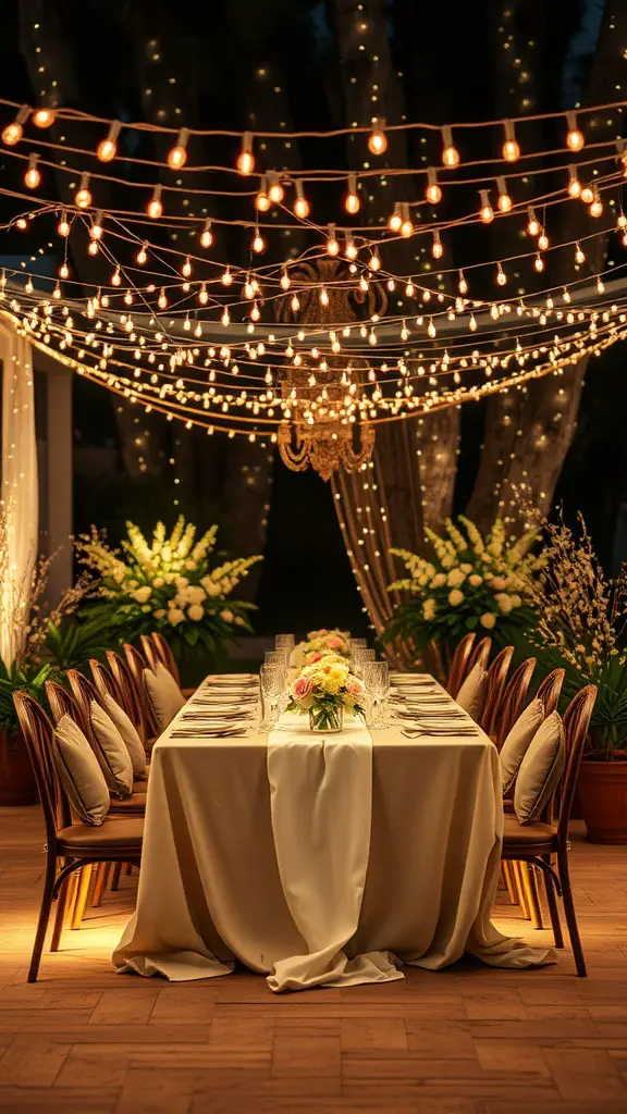 Outdoor dining setup with fairy lights overhead and a beautifully arranged table