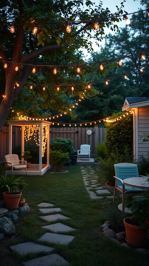 23 Bright and Cheerful Summer Decorations to Enhance Your Home 13 A backyard decorated with whimsical fairy lights hanging from trees, creating a cozy atmosphere