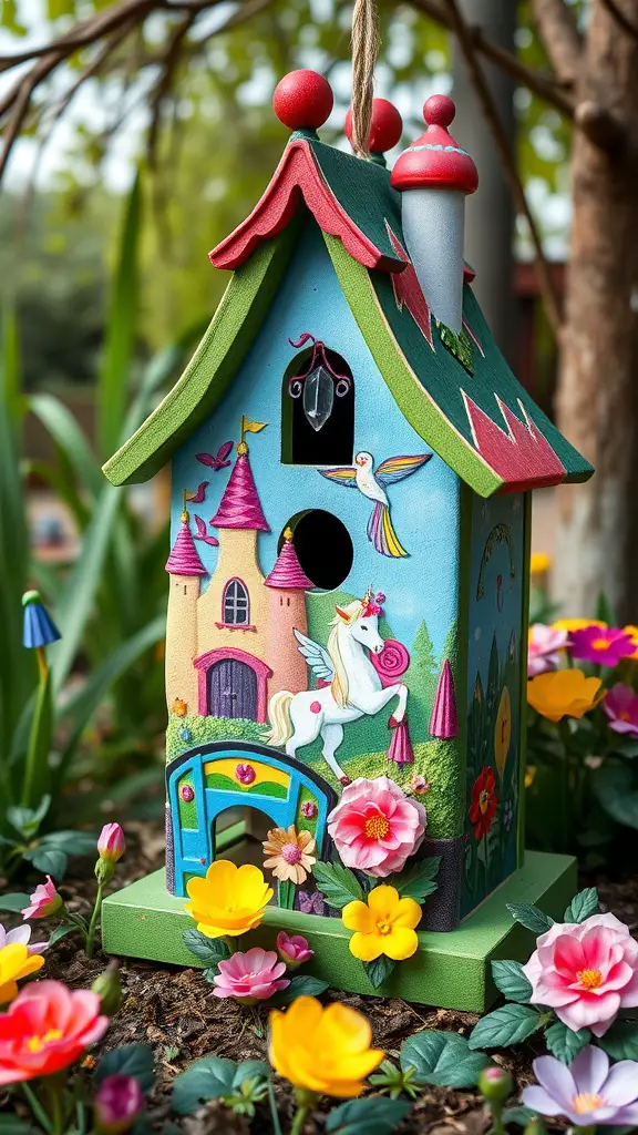 27 Creative Bird House Painting Ideas to Inspire Your Next Project 6 Brightly colored whimsical birdhouse designed like a fairy tale cottage with a unicorn and flowers.