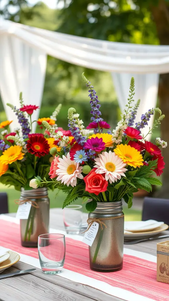 Colorful floral centerpieces in mason jars on a garden party table