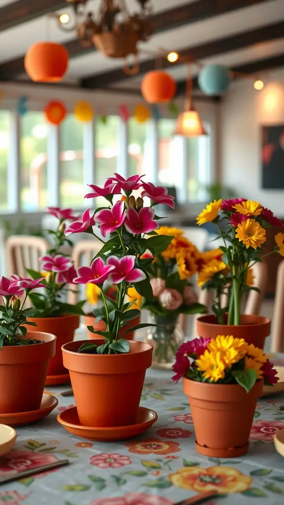 A table decorated with colorful flower pot centerpieces for a festive occasion.