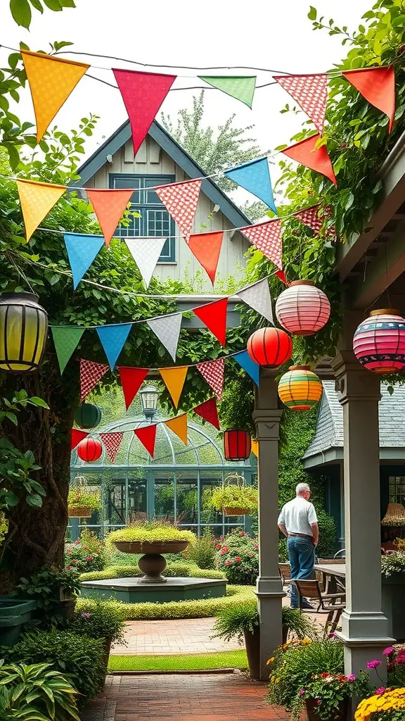 A whimsical garden with colorful bunting and lanterns, featuring a fountain surrounded by flowers.