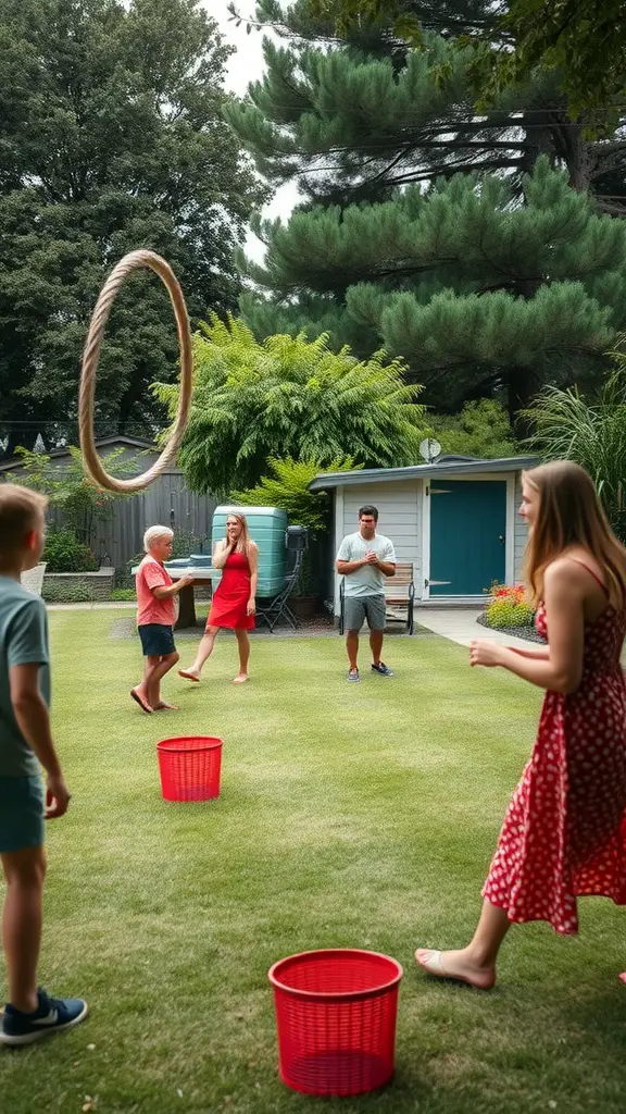 19 Creative Backyard Baby Shower Ideas You’ll Love 5 A group of people playing ring toss in a backyard with green grass and trees.
