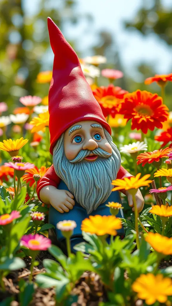 A whimsical garden gnome sitting among colorful flowers in a sunny garden