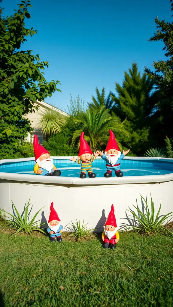 A playful scene with garden gnomes around an above-ground pool