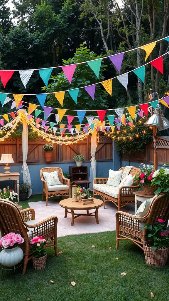 A colorful garden party setup with bunting, cozy seating, and blooming flowers.