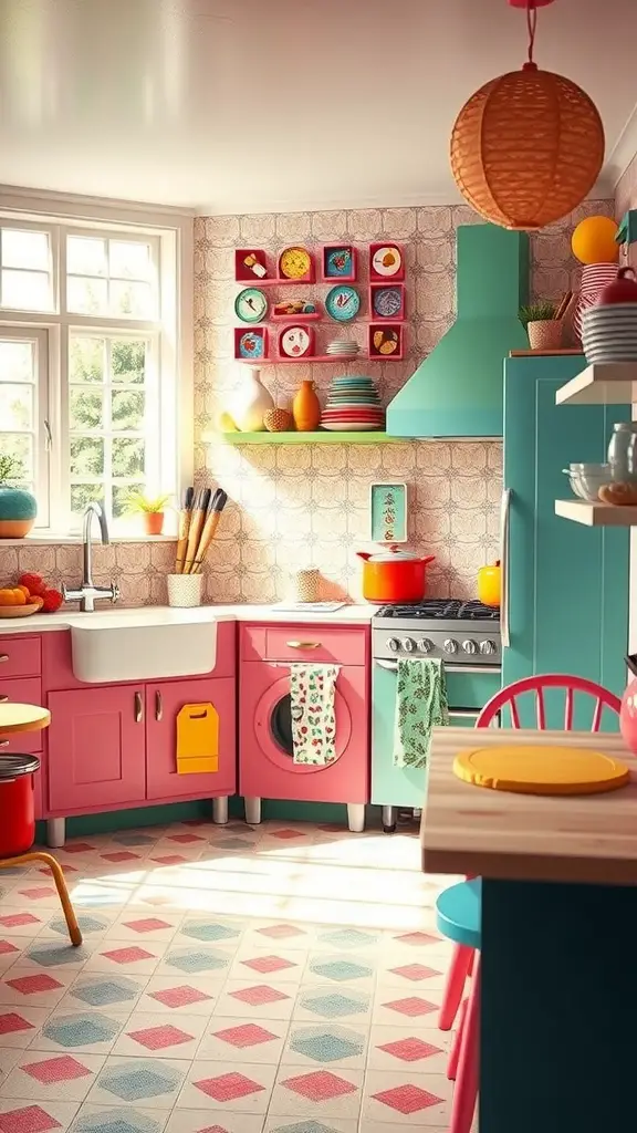 A vibrant and playful kitchen with pink cabinets, blue accents, and whimsical decor.