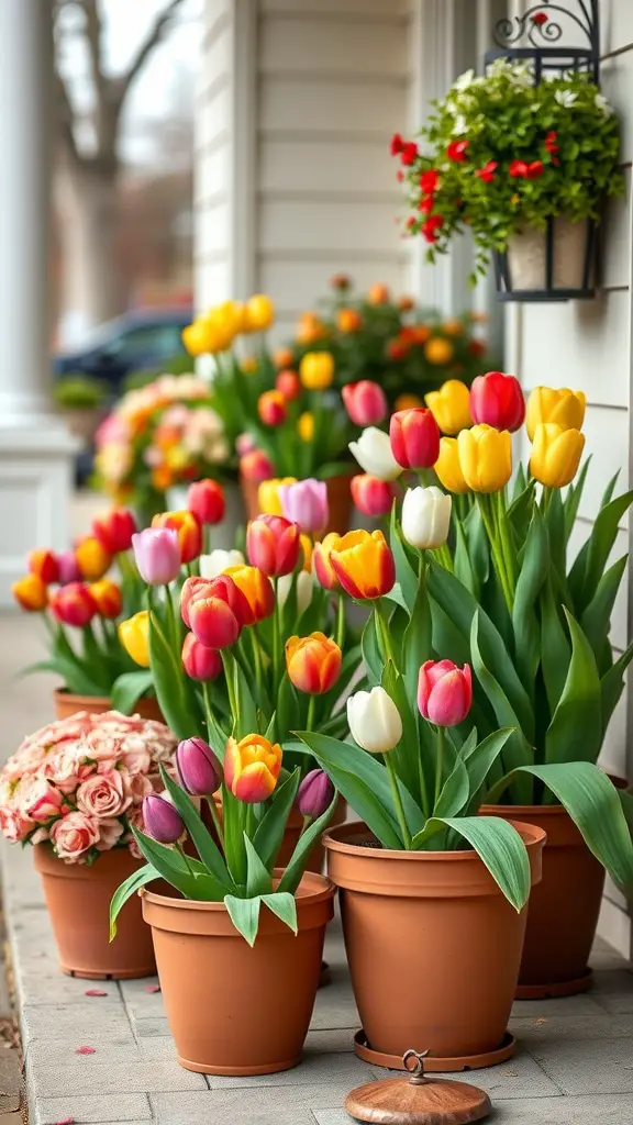 Colorful tulip planters on a charming front porch.