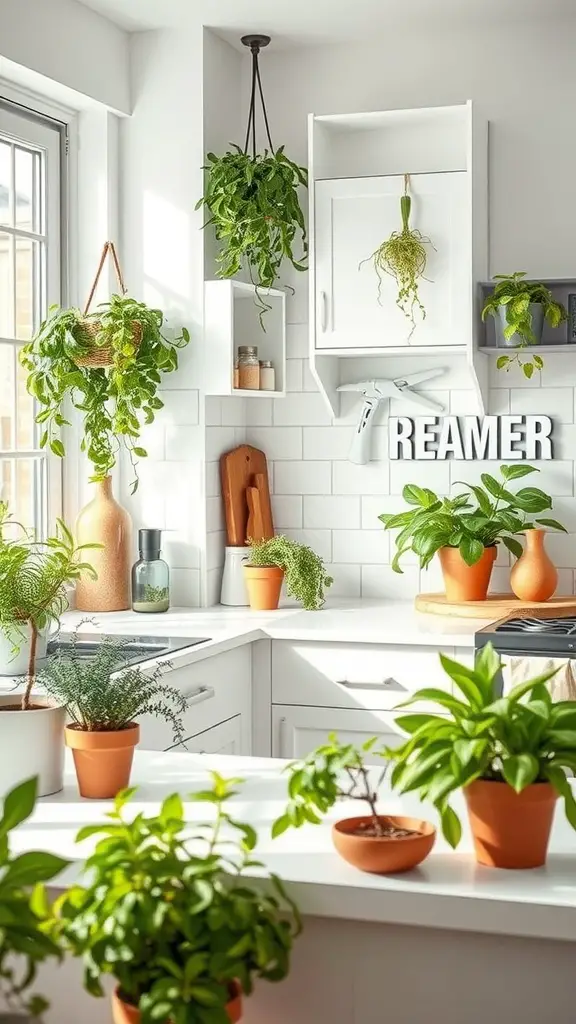 Bright white kitchen decorated with various plants in pots and hanging planters.