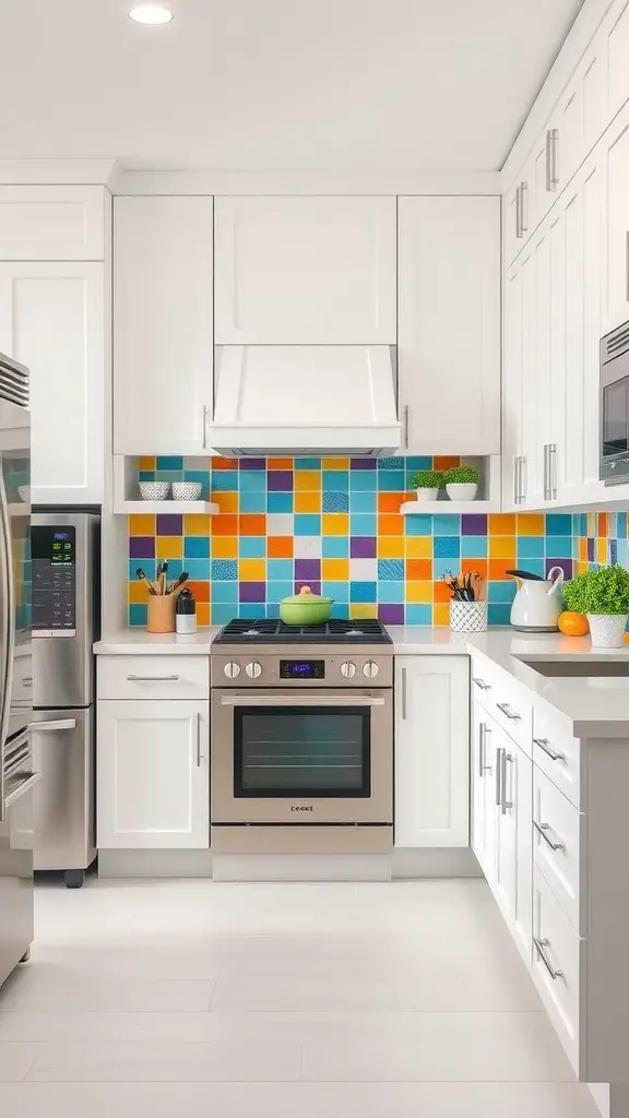 A bright white kitchen with a colorful tiled backsplash, featuring modern appliances and cheerful decor.