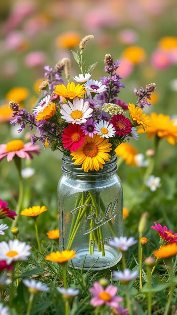 33 Stunning Summer Wedding Flower Ideas You’ll Love 10 A jar filled with a colorful wildflower bouquet set in a field of blooming flowers.