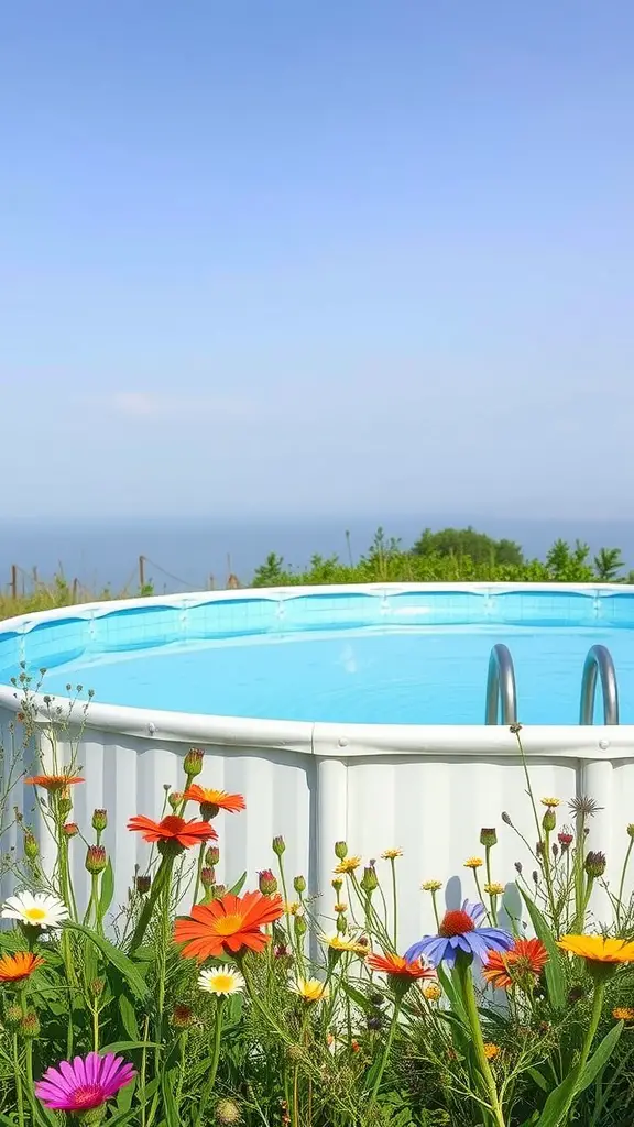 A vibrant wildflower garden border surrounding an above-ground pool, with colorful blooms in various shades.