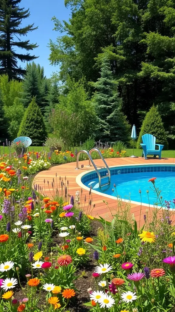 Wildflower garden bordering an above ground pool with a wooden deck and colorful flowers