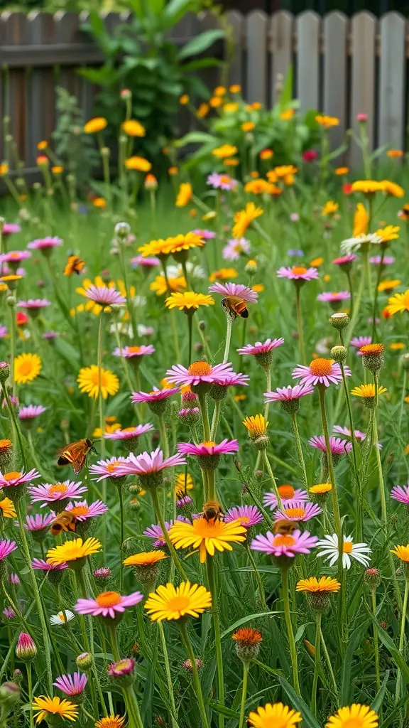 Colorful wildflower meadow with pink and yellow flowers and bees