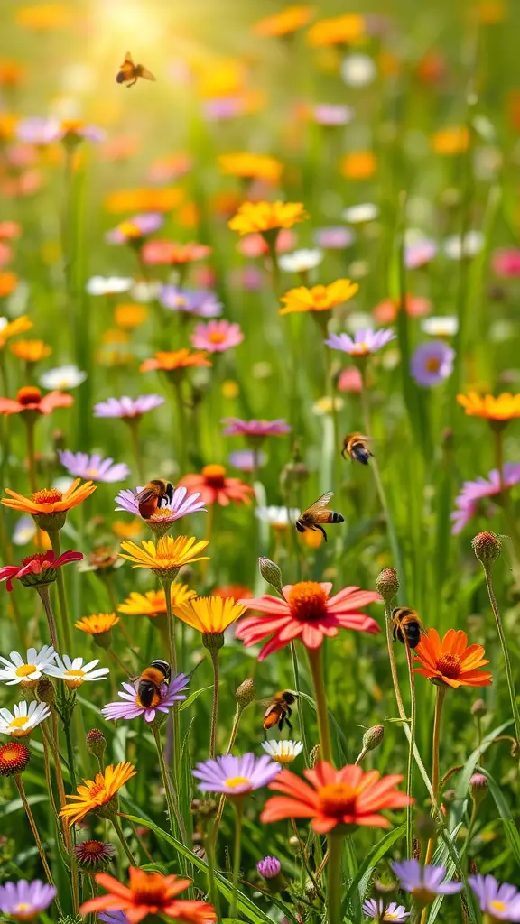 A colorful wildflower meadow filled with bees and various flowers in sunlight.