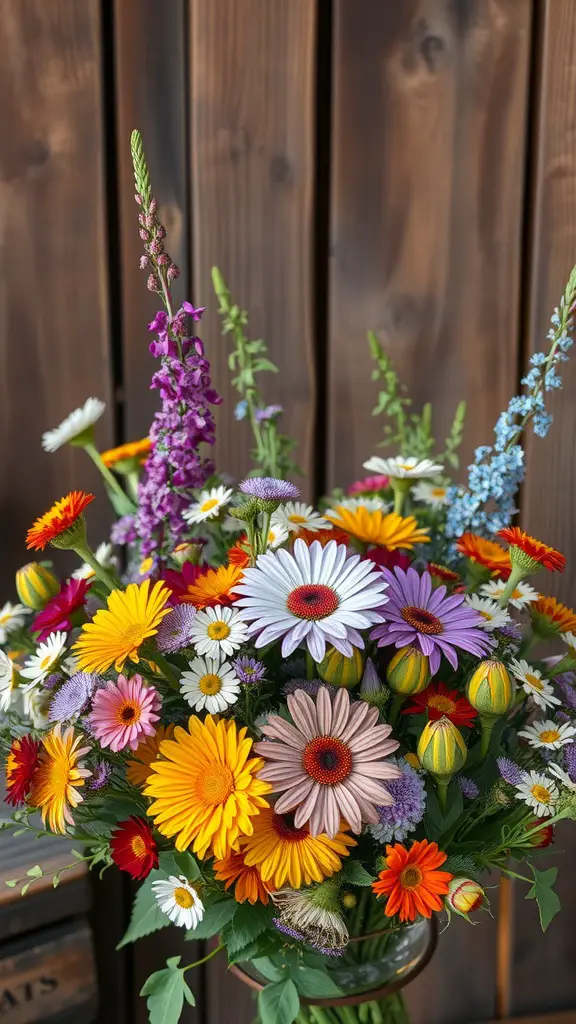 17 Stunning Summer Wedding Bouquet Ideas You’ll Love 6 A bright and colorful wildflower bouquet featuring various blooms like daisies and gerbera daisies against a wooden background.
