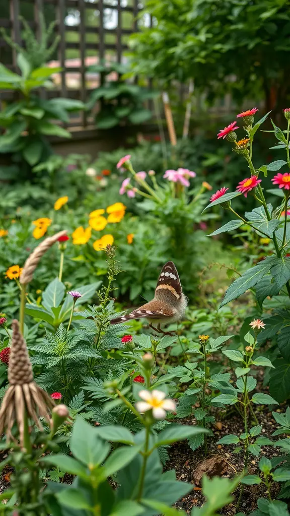 A vibrant garden filled with colorful flowers and a butterfly fluttering among them.