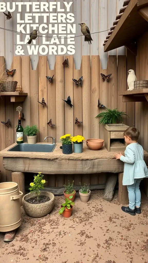 25 Creative Mud Kitchen Ideas for Kids to Inspire Imaginative Play 23 A wildlife-friendly mud kitchen with a rustic design, featuring plants, butterflies, and a child playing.