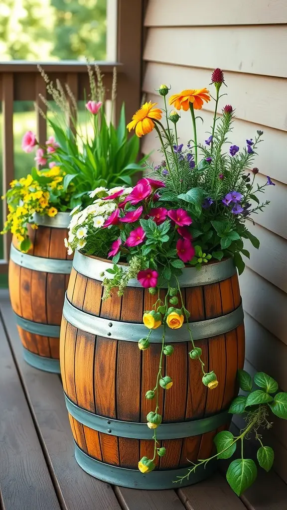 15 Creative DIY Deck Planter Ideas to Enhance Your Outdoor Space 13 Two wine barrel planters filled with colorful flowers on a deck