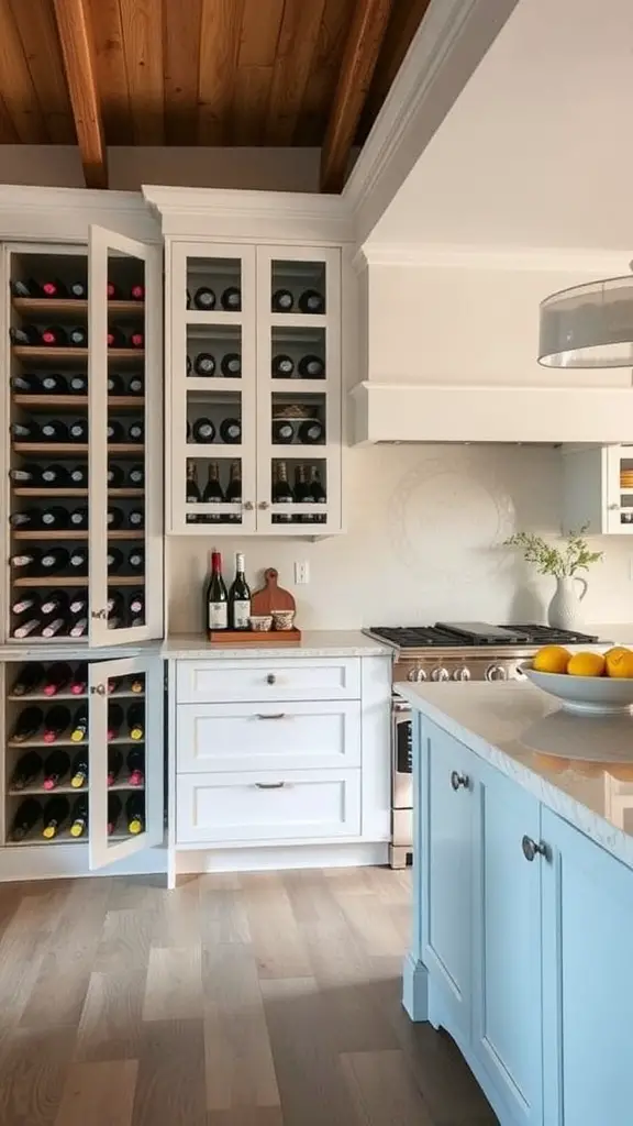 A beach house kitchen with a stylish wine storage solution featuring wine racks and a blue kitchen island.