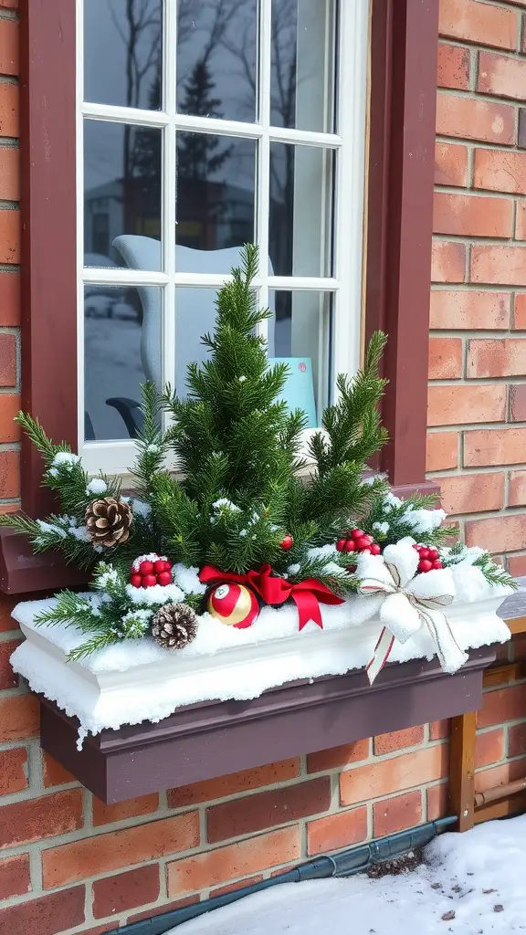 A decorated winter flower box with evergreens, pine cones, red berries, and a dusting of snow.