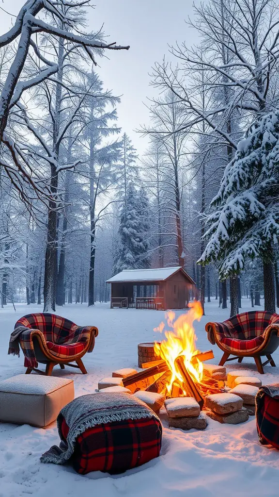 A winter fire pit scene with snow-covered trees, cozy seating, and a warm fire