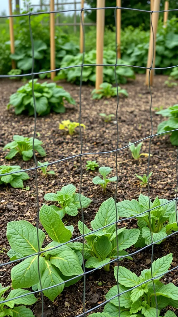 A garden bed surrounded by wire fencing with healthy green plants growing inside.