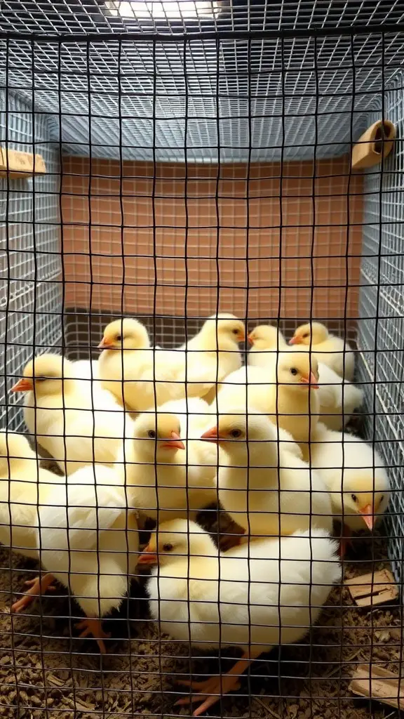 Wire mesh brooder with chicks for ventilation