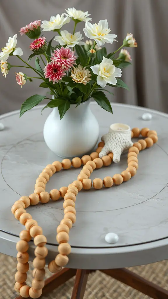 A wooden bead garland draped next to a vase of flowers on a table