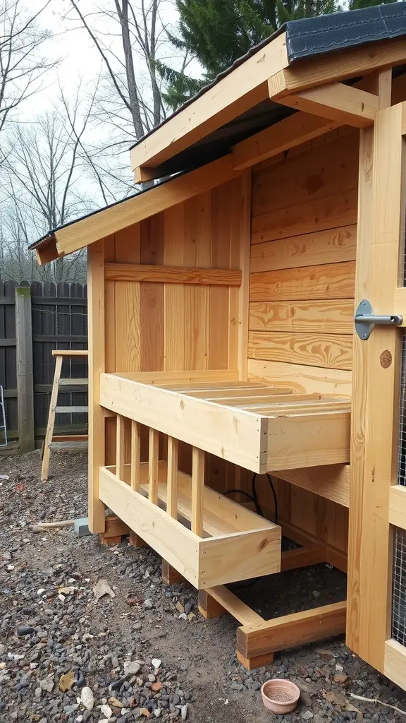 A wooden chicken coop featuring a slanted roof and an elevated brooding area.